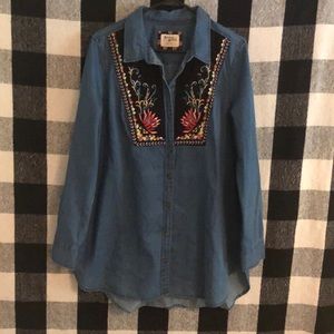 Western Denim Button Down Tunic Shirt Dress